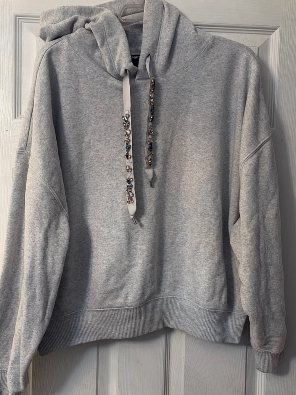 Express Light Gray Jeweled Drawstring Hoodie Sweater